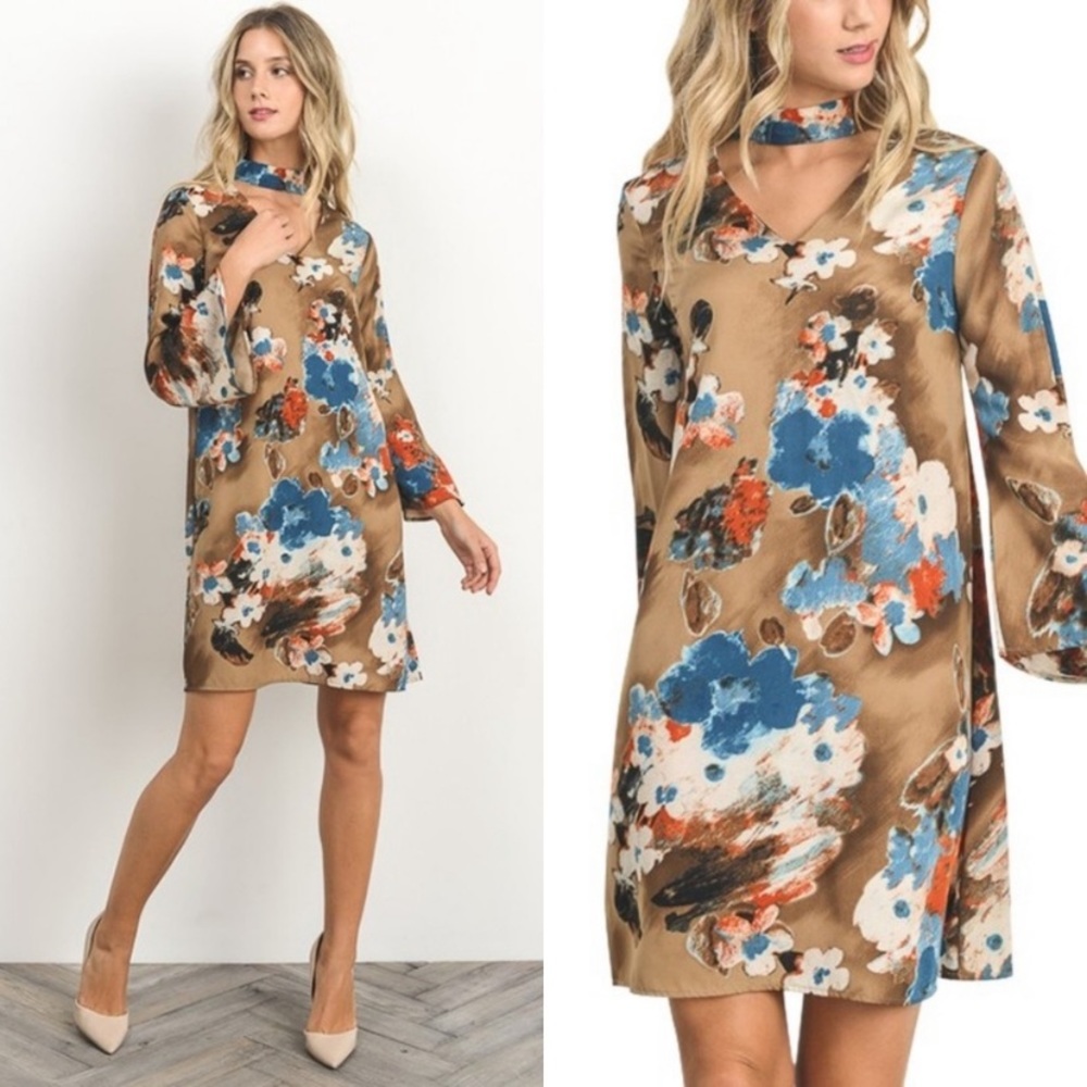 ❗️NEW❗️Gorgeous Tan Floral Shift Dress   S  M  L - Picture 2 of 4